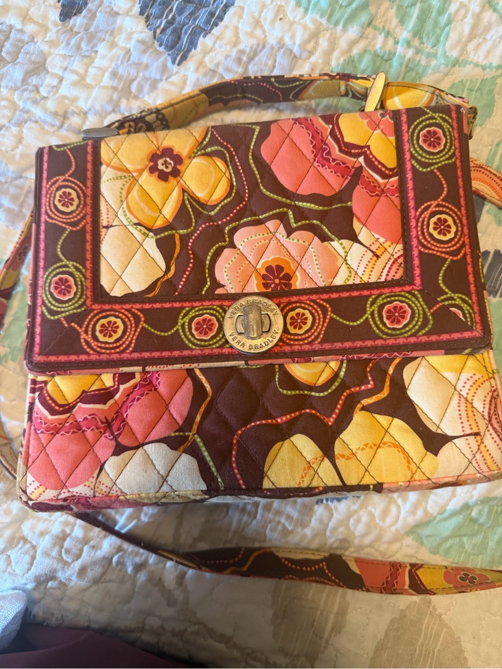 Vera Bradley Quilted Floral Turn-Lock Crossbody in Brown, Pink & Yellow